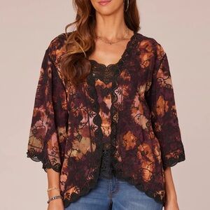 NEW Three Quarter Sleeve Open Front Scallop Edge Woven Kimono size:M